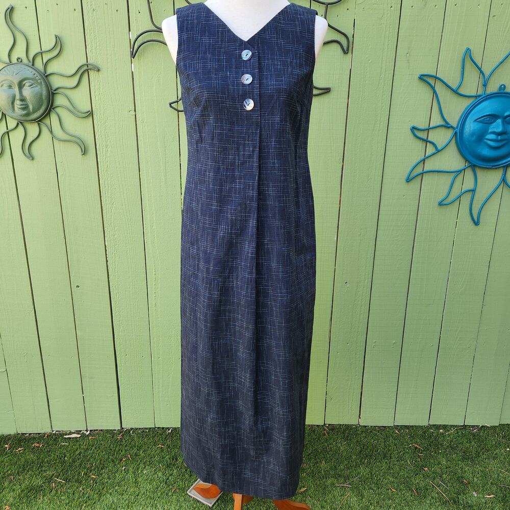 Vintage Y2K Maggy London Petites Blue Cross Hatch Print Sleeveless Maxi Dress